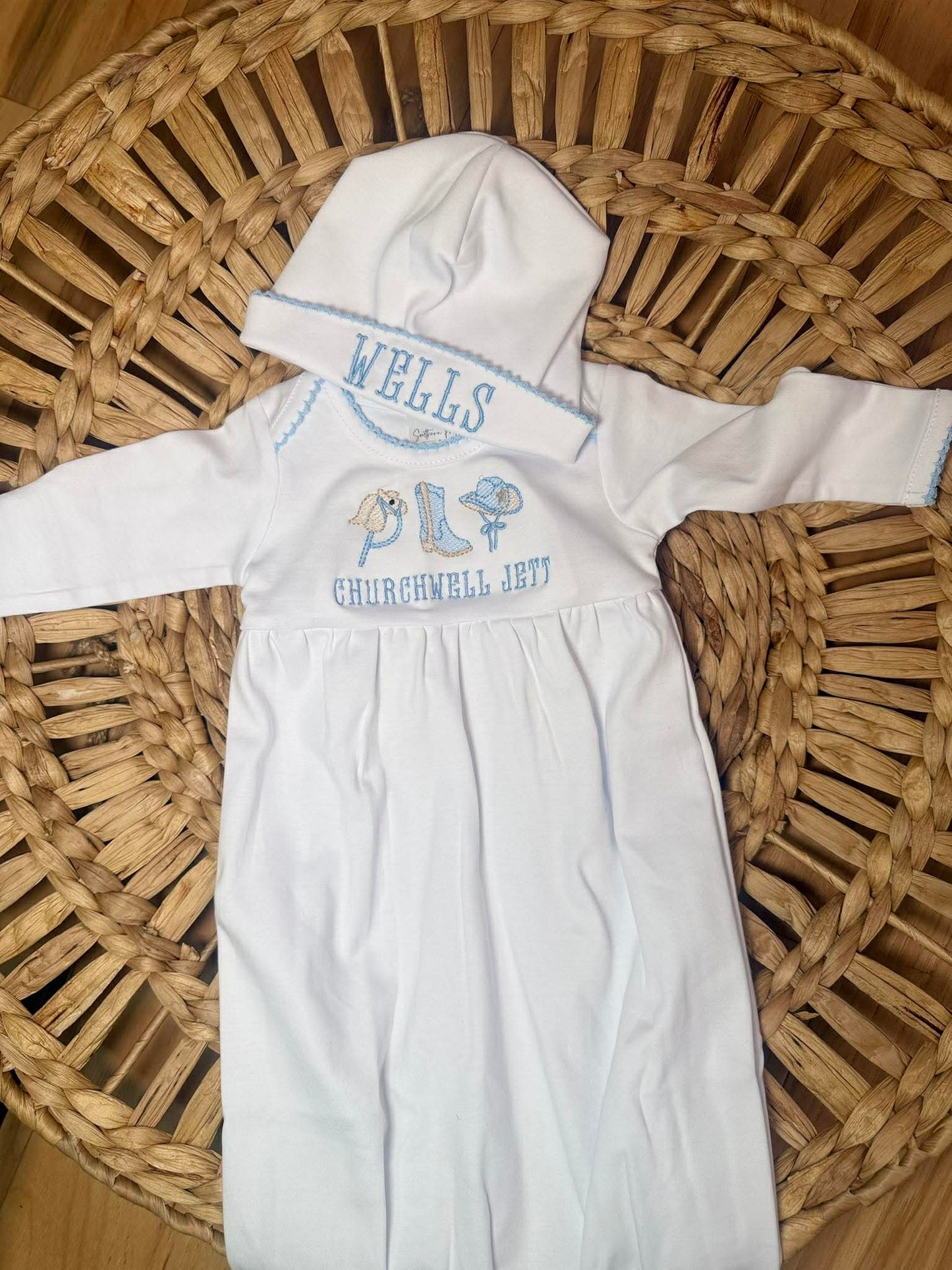 Personalized Embroidered Cowboy Baby Gown and Hat