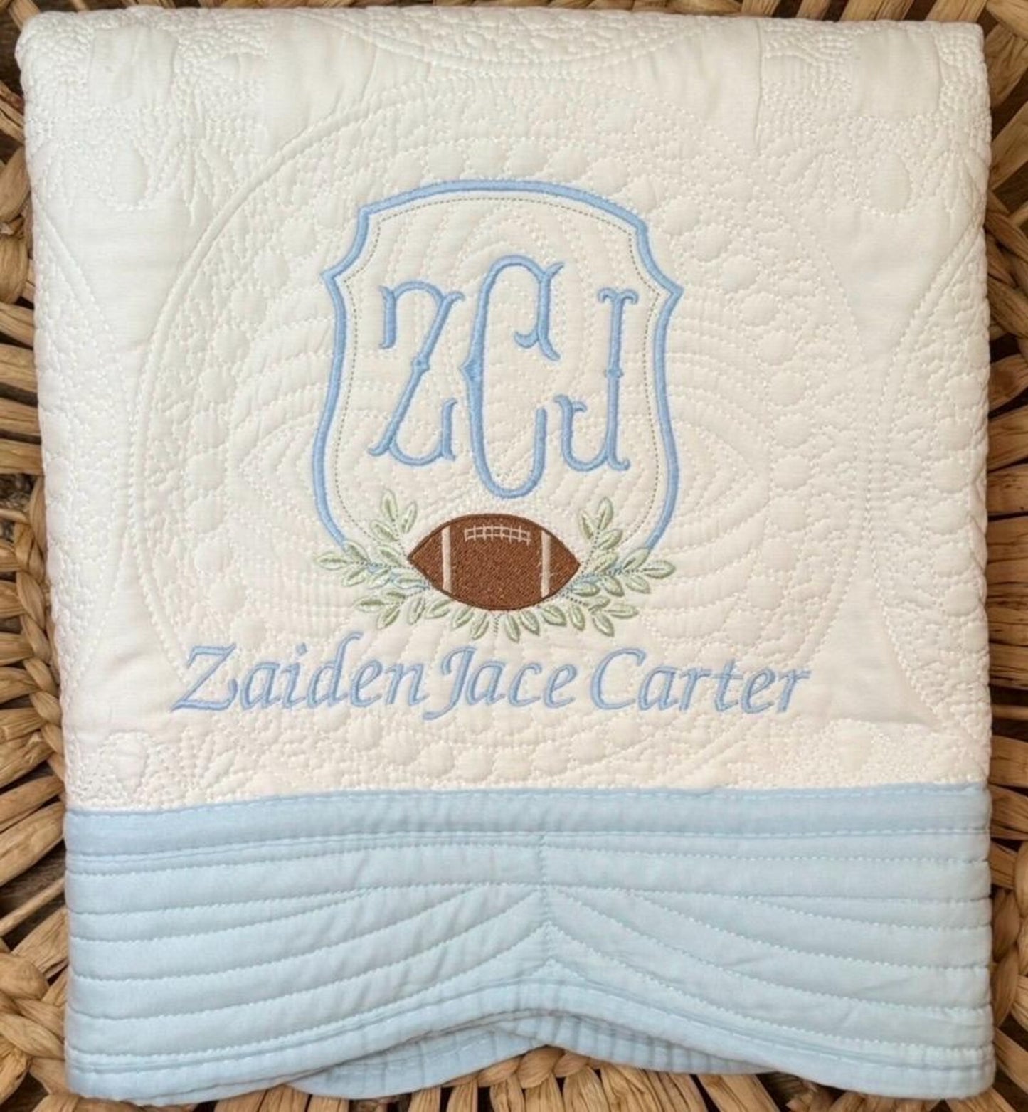 Personalized Football Baby Blanket – Custom Monogram Name Heirloom Quilt