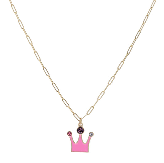 Kids 14" Pink Crown with Multi Crystals Necklace