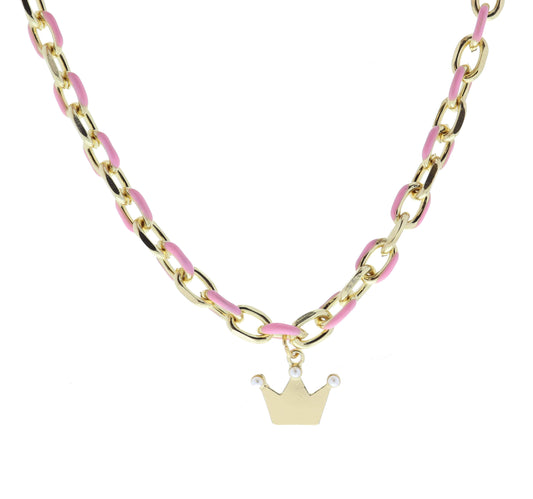 Kids Pink Chain & Gold Crown with Pearl Points Necklace