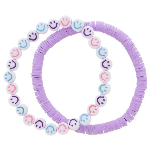 Kids Set of 2, Lavender Beaded & Multi Happy Face Bracelet