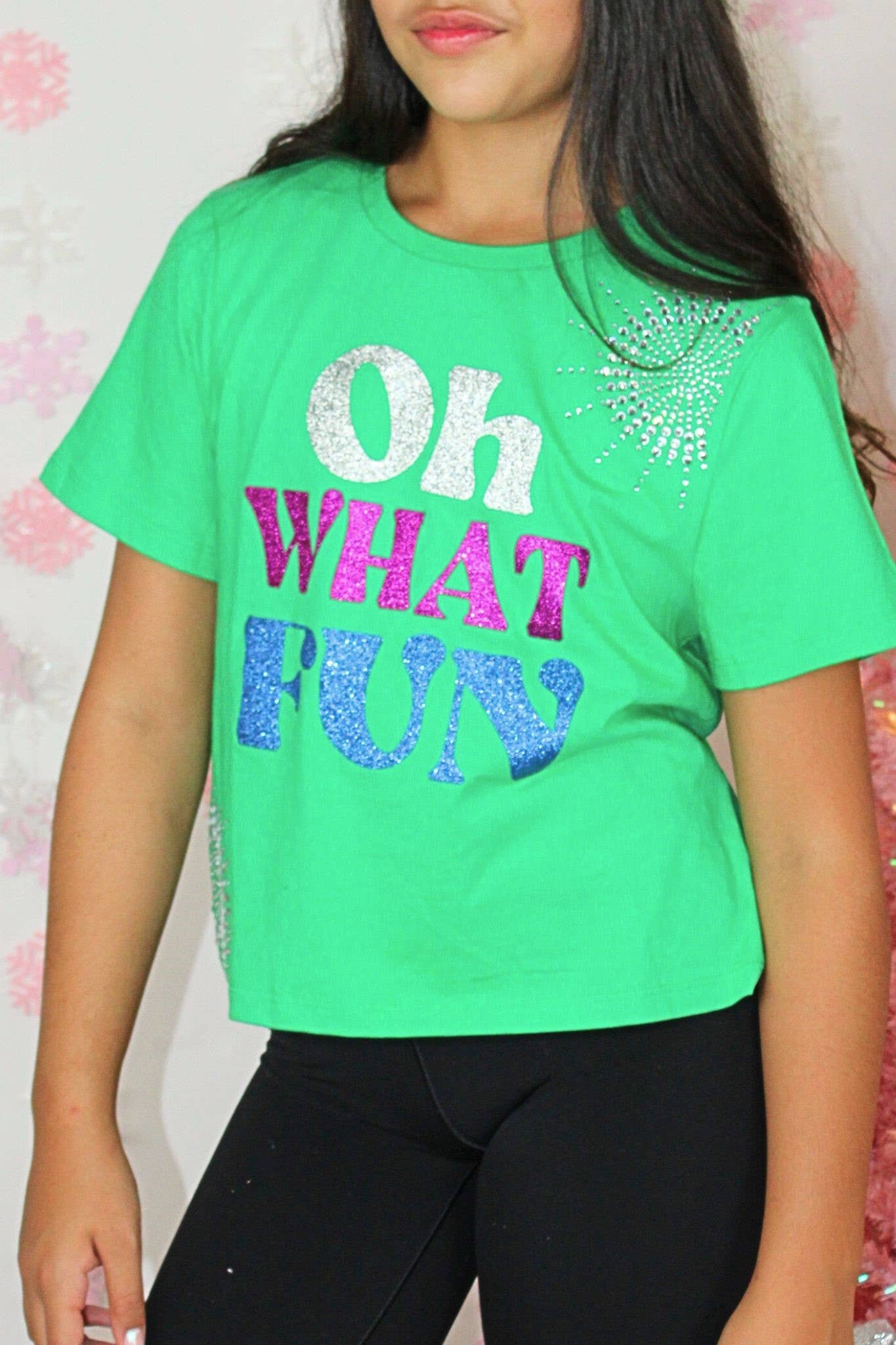 Oh what fun rhinestone glitter holiday grgaphic tee