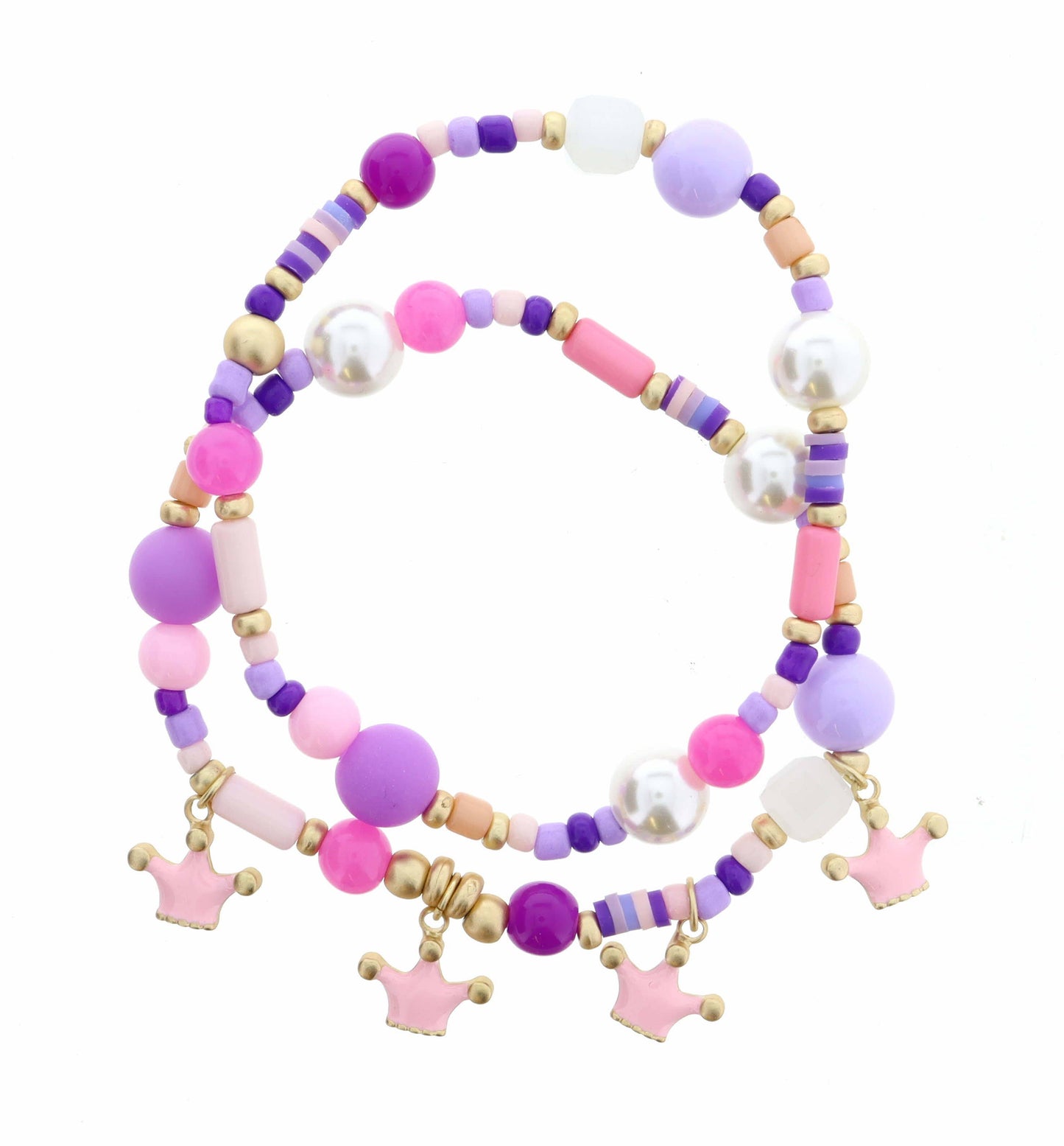 Kids Pink Crowns on Purple Seedbead & Pearl Bracelet