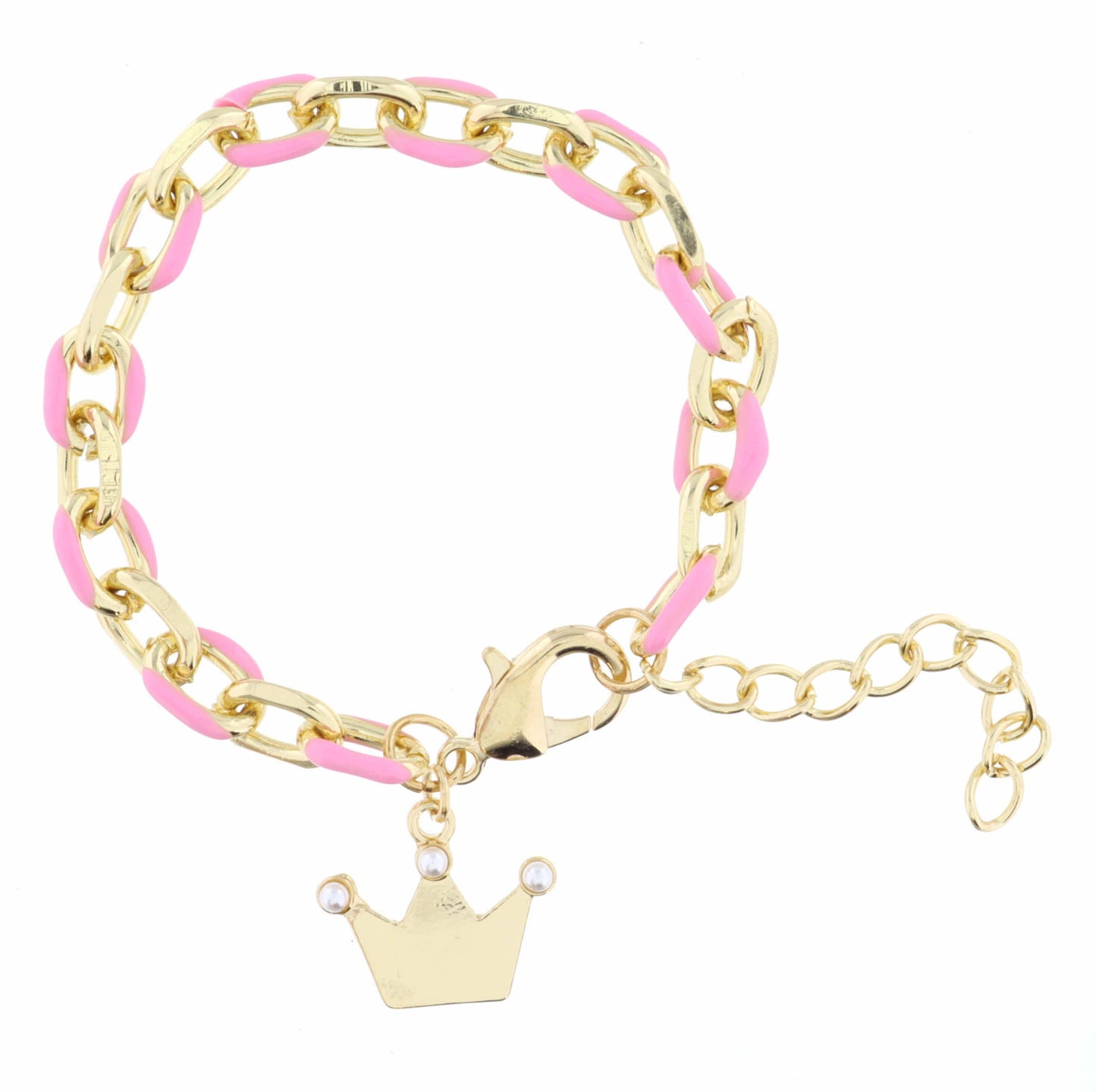 Kids Pink Chain and Gold Crown with Pearl Points Bracelet