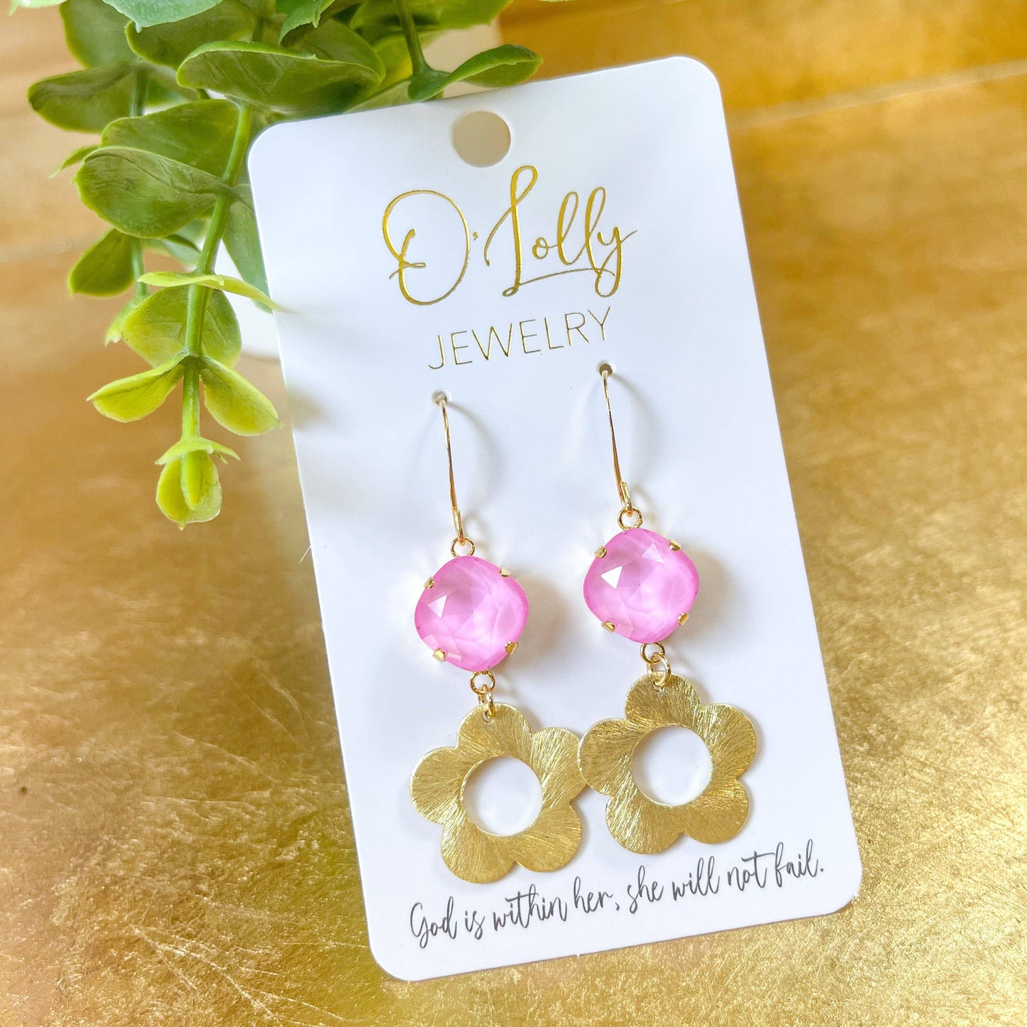 O'Lolly "Skipper" Earrings - Pink Stone w/Gold Flower
