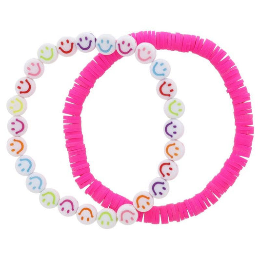 Kids Set of 2, Hot Pink Beaded & Happy Face Beaded Bracelet