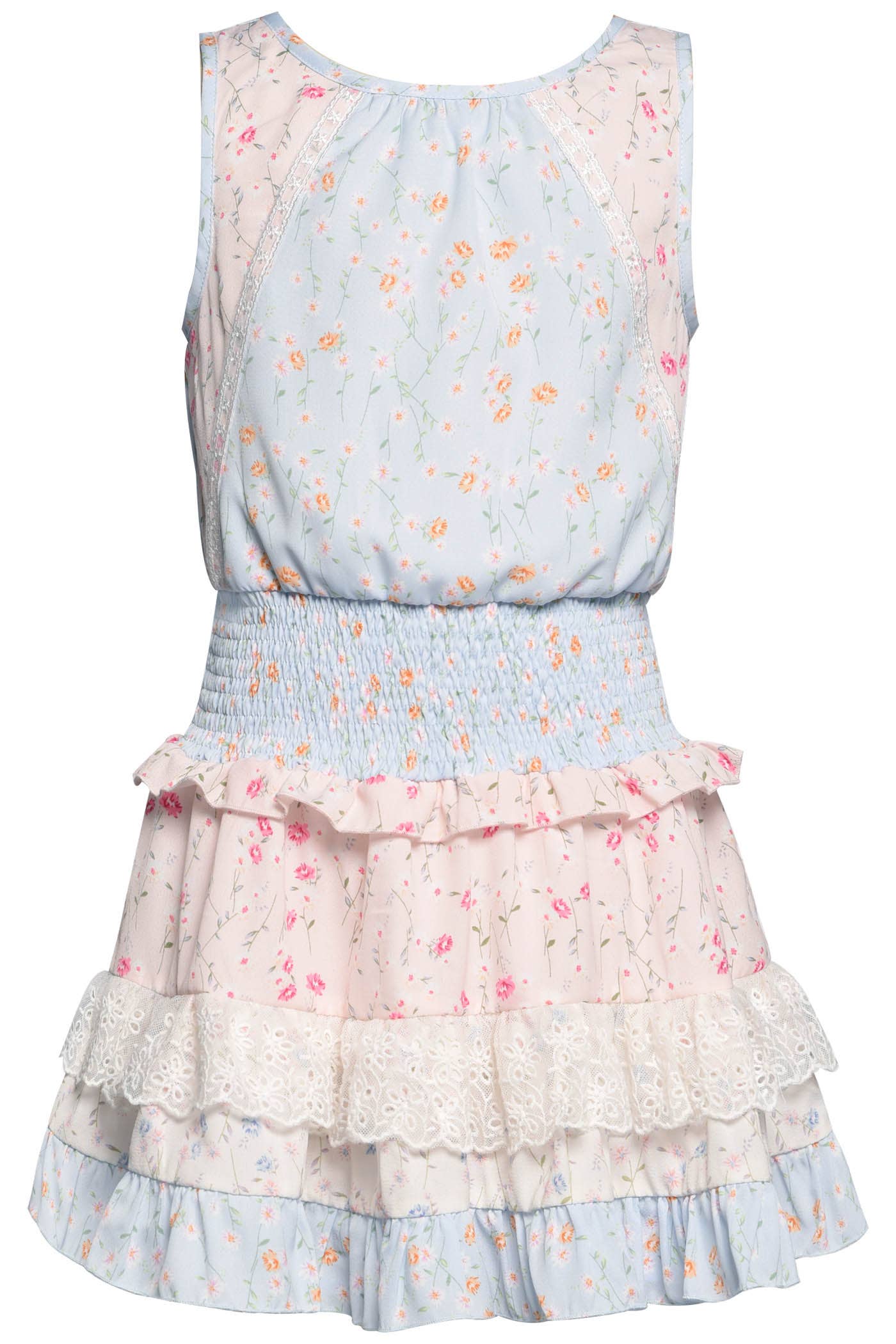 PRINTED DRESS WITH SMOCKED WAIST AND LACE TRIM RUFFLE