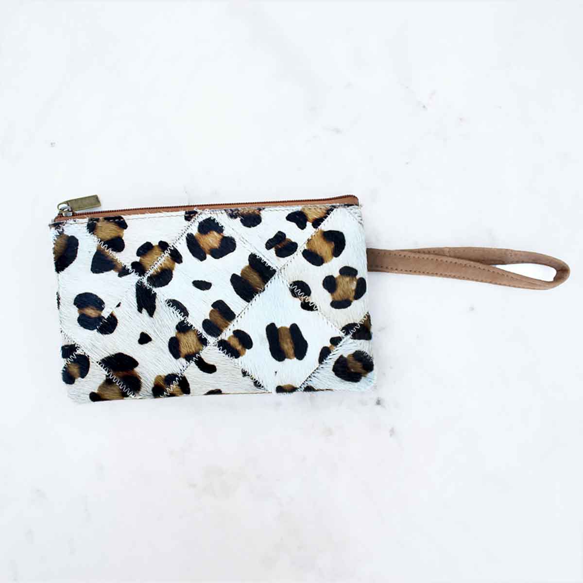 Astrid Leopard Print Hide Wristlet  Tan/Brown/Black 7.75x4.5