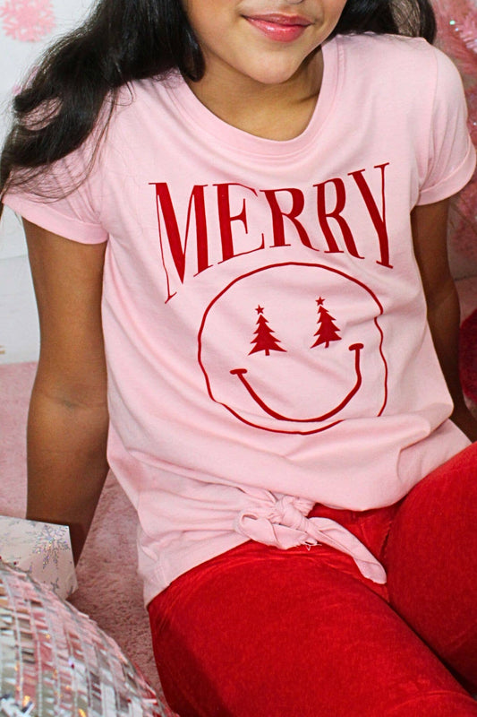 Merry happy face christmas tree side tie top