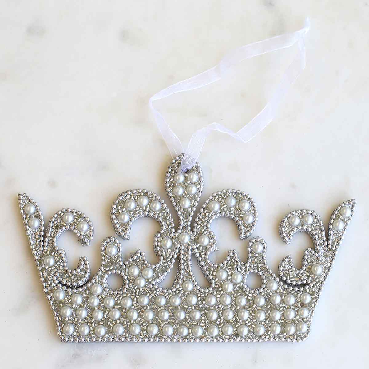 Kate Crown Ornament   Silver/Pearl   7x3.5