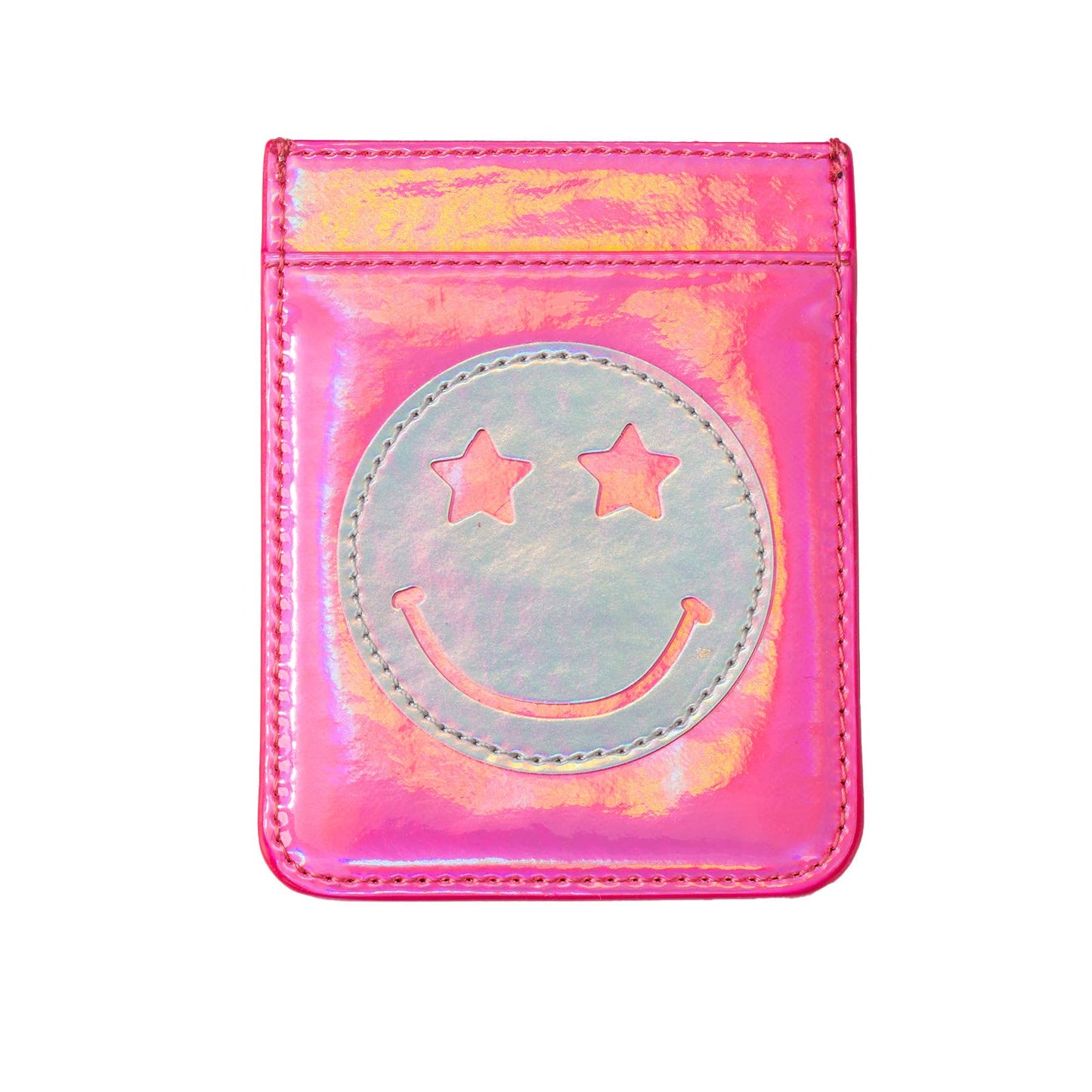 Iridescent Pink with Silver Star Eye Happy Face Phone Wallet