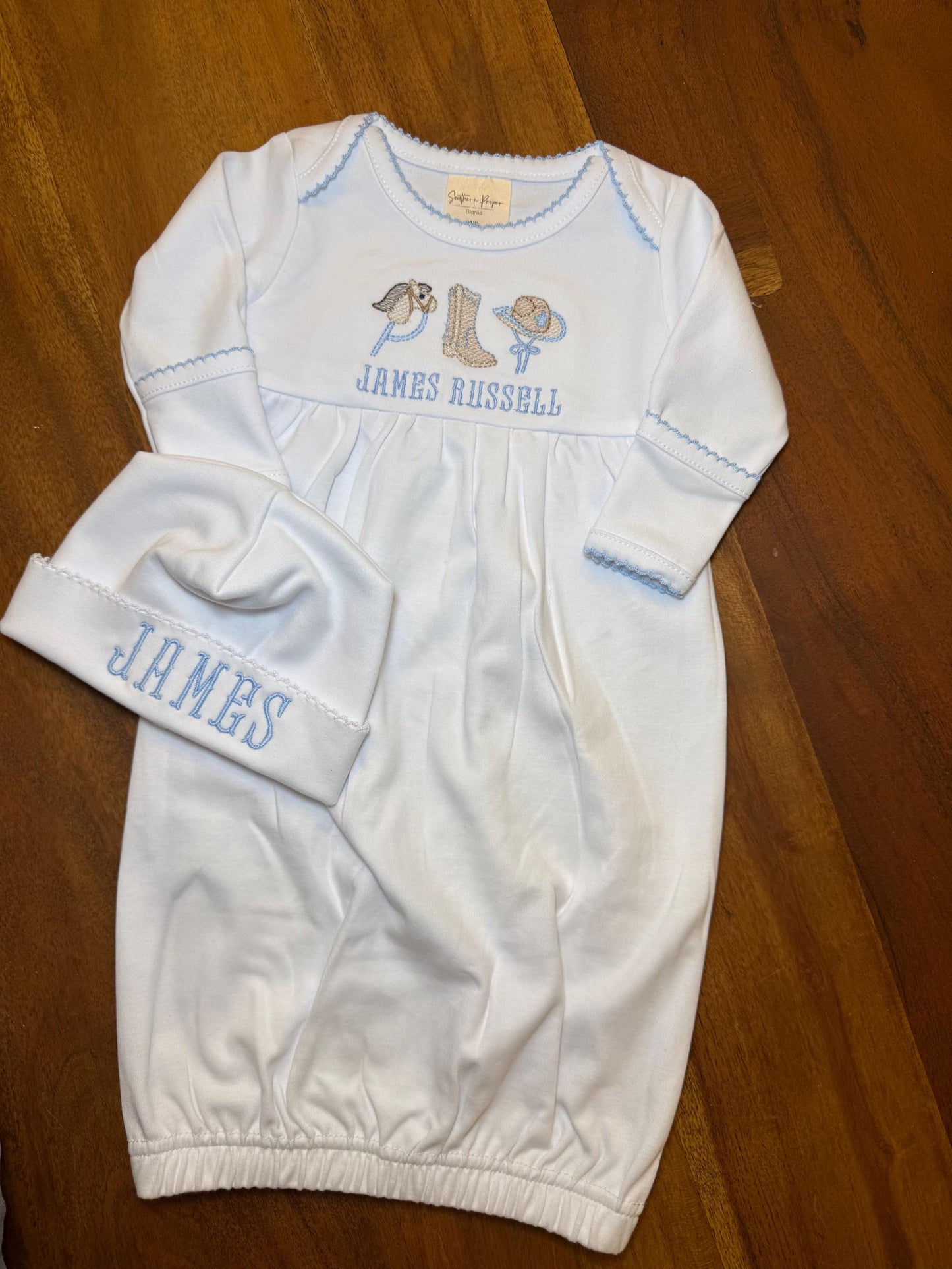 Personalized Baby Cowboy Gown & Hat Set: Embroidered Newborn Outfit