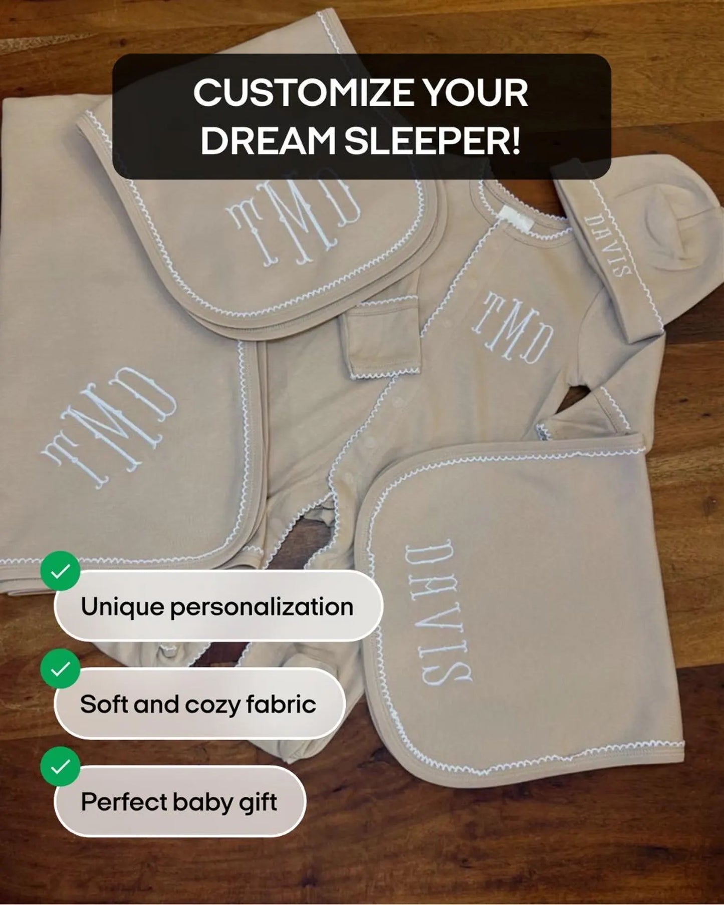 Personalized Monogrammed Baby Sleeper and Hat