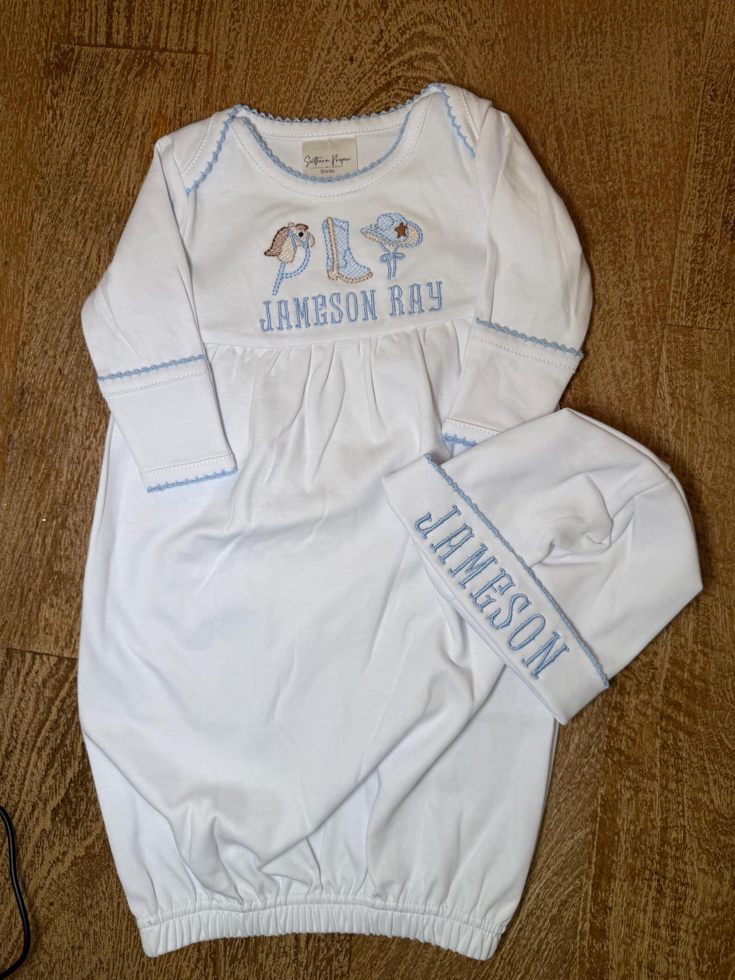 Personalized Baby Cowboy Gown & Hat Set: Embroidered Newborn Outfit