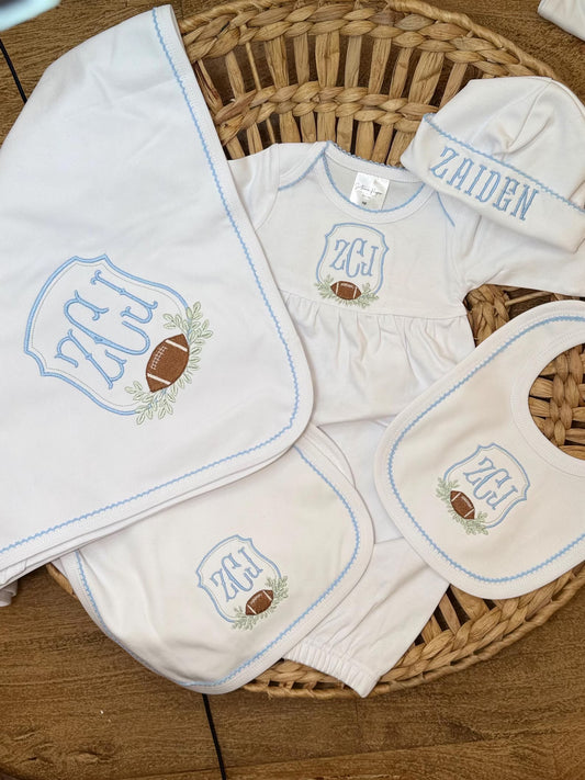 Personalized Football Baby Gown Gift Set – 5 Piece Custom Newborn Take Home Outfit