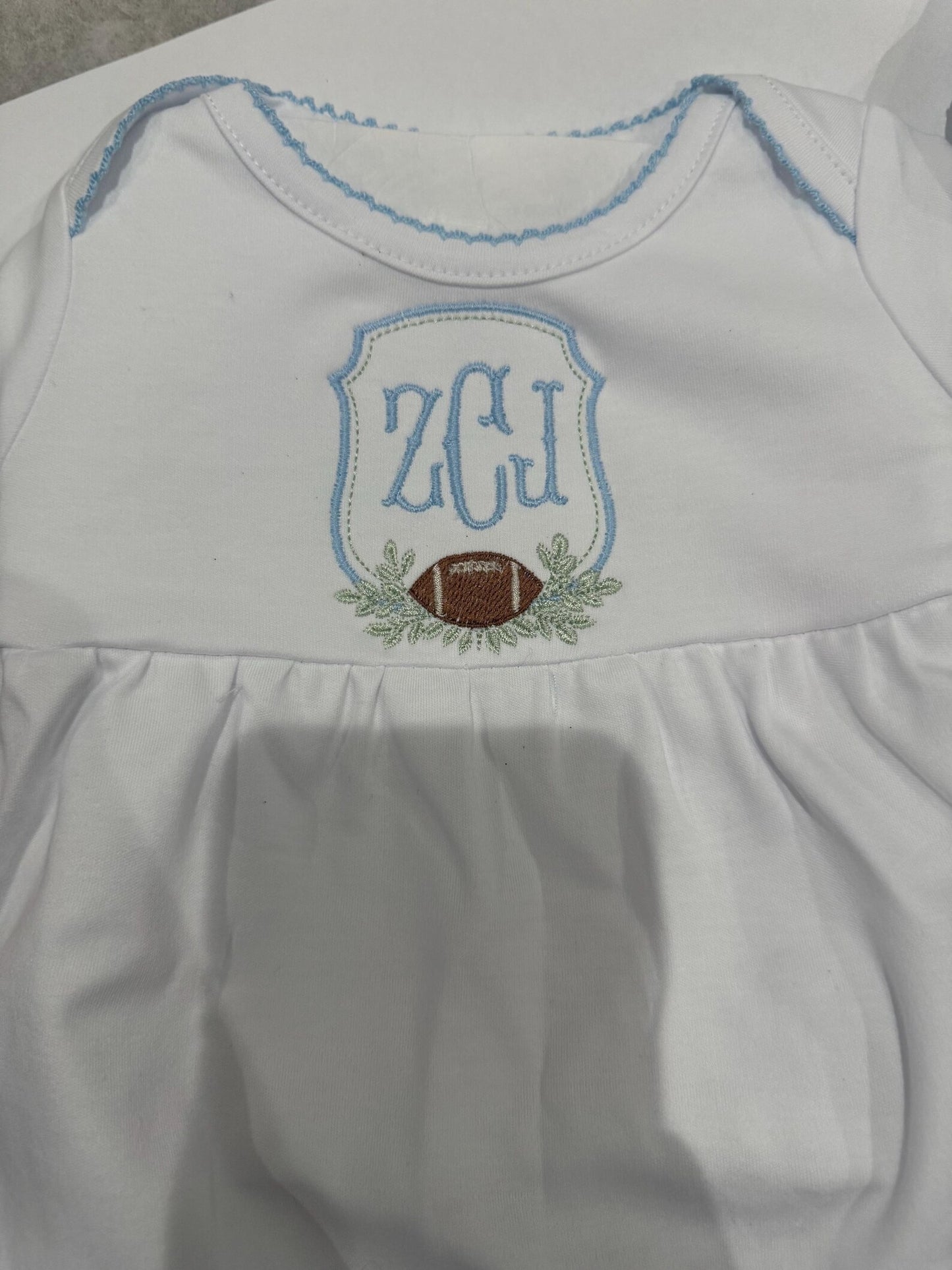 Personalized Football Baby Gown Gift Set – 5 Piece Custom Newborn Take Home Outfit