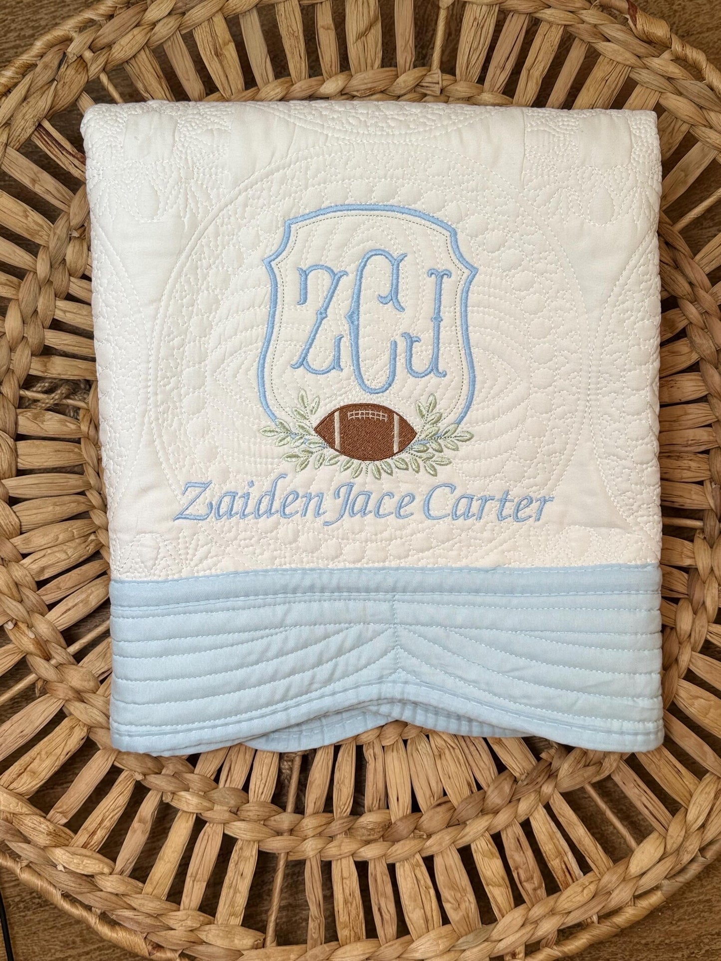 Personalized Football Baby Blanket – Custom Monogram Name Heirloom Quilt